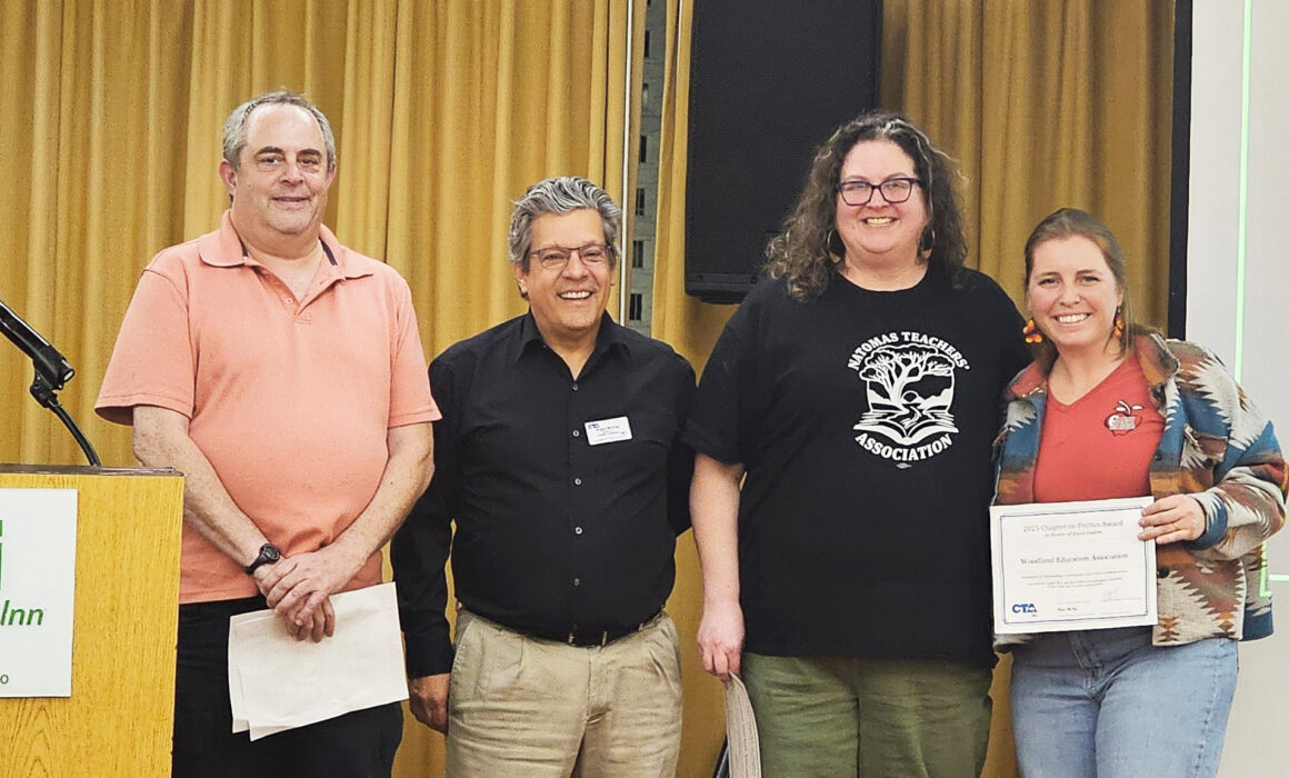 From left, Owen Jackman, ABC member–District E; Political Involvement Committee Chair Roger McCoy; Natomas TA President Mara Harvey; Woodland EA President Rebecca Bernard