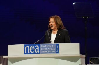 A picture of Kamala Harris addressing educators at NEA in 2022