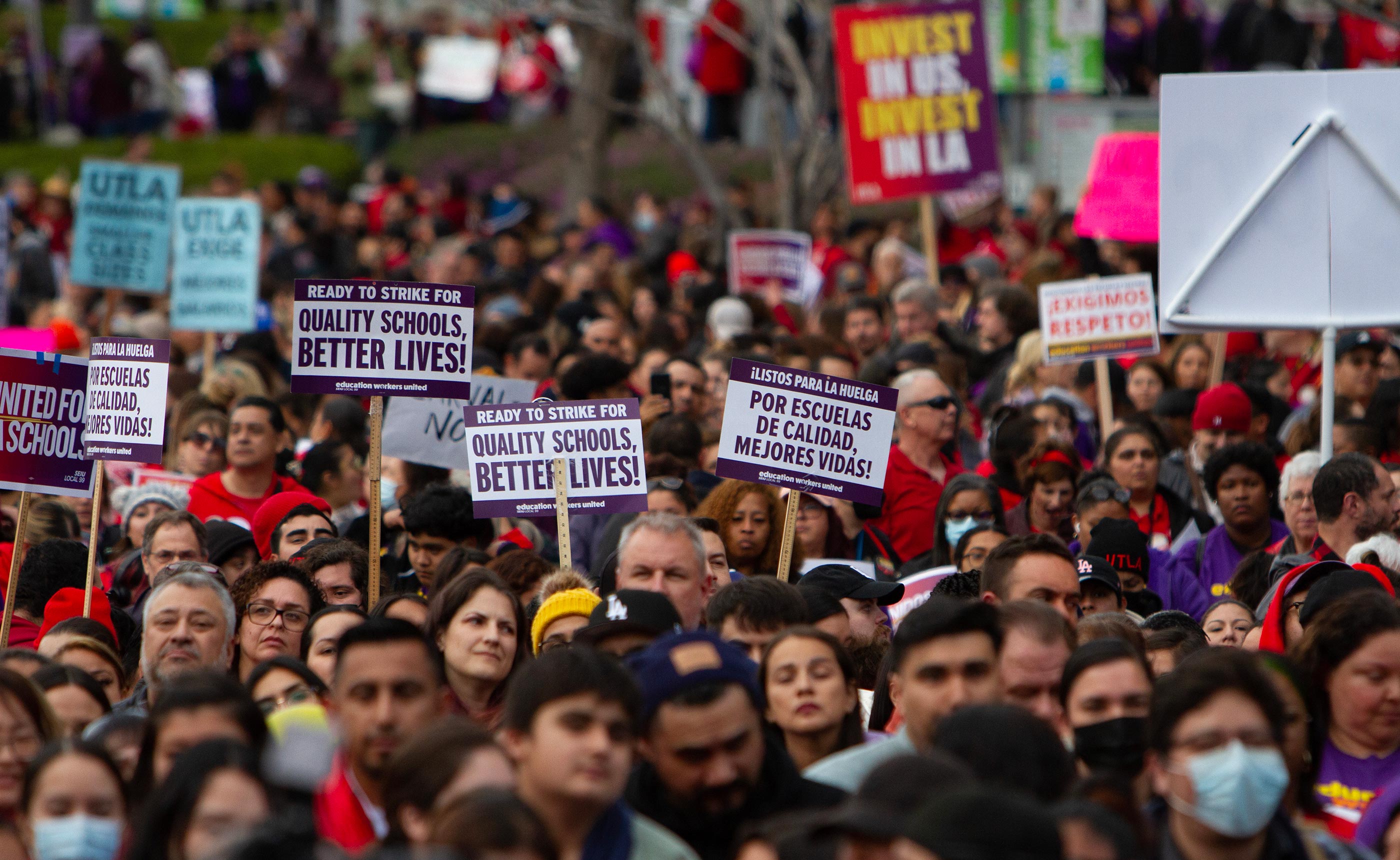 Supporters at a large Los Angeles rally demanding support for public education